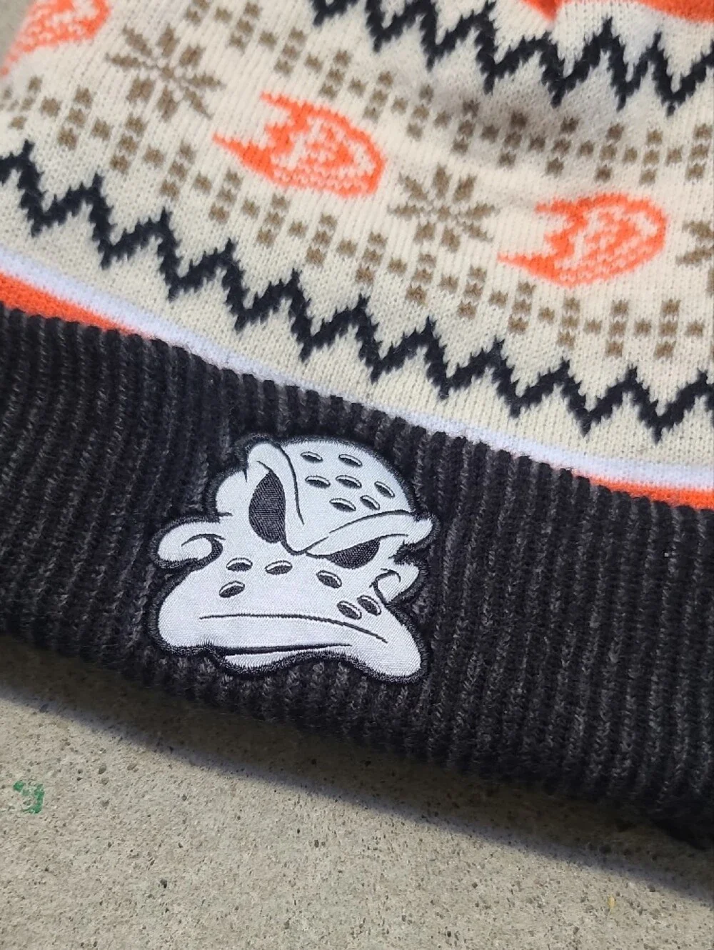 Pom-Pom Knit Hat with Duck Patch — Brown, Orange, Cream